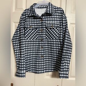 Women’s Navy Blue Plaid Print Single Breasted Fashion Coat Size Medium